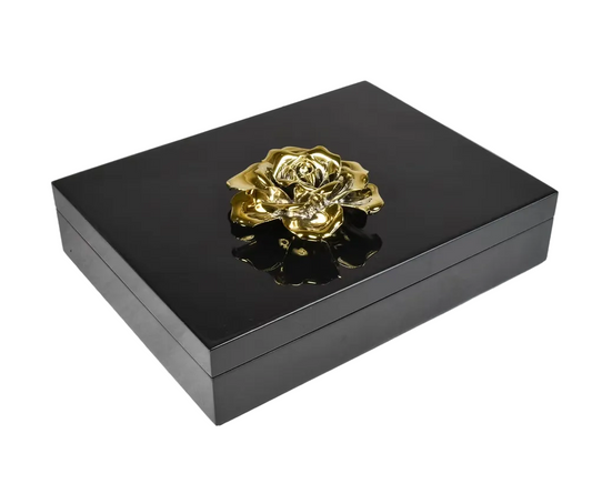 Black Lacquer W/Porcelain Gold Flower Box