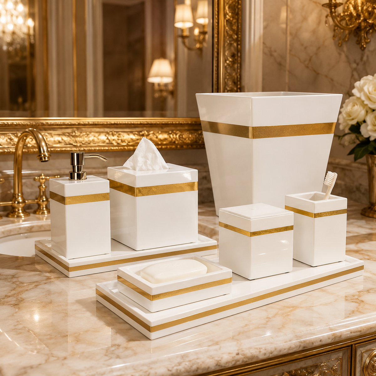 White w/ Shine Gold Leaf Trim Bath Set