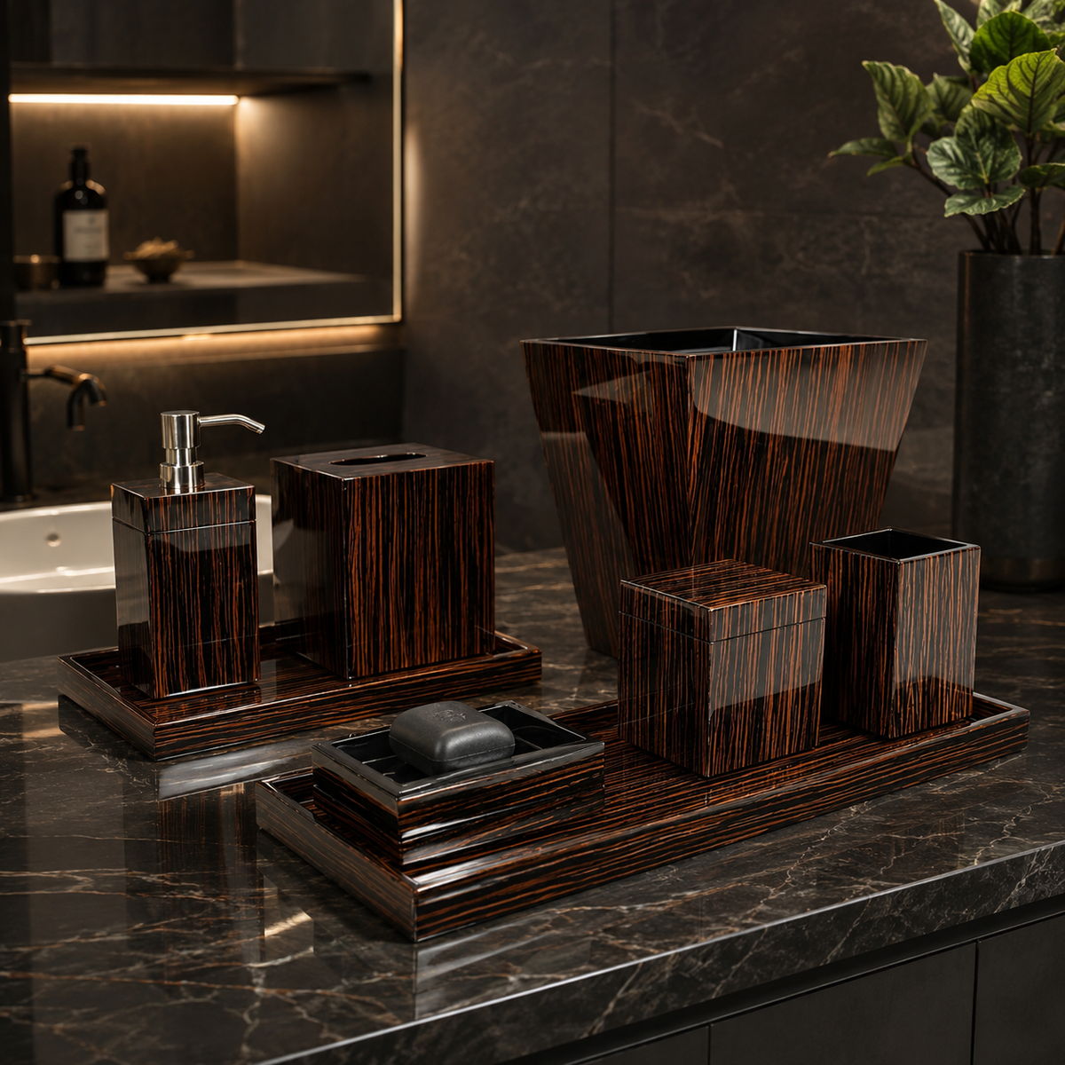 Macassar Ebony Inlay w/ Black Lacquer Bath Set